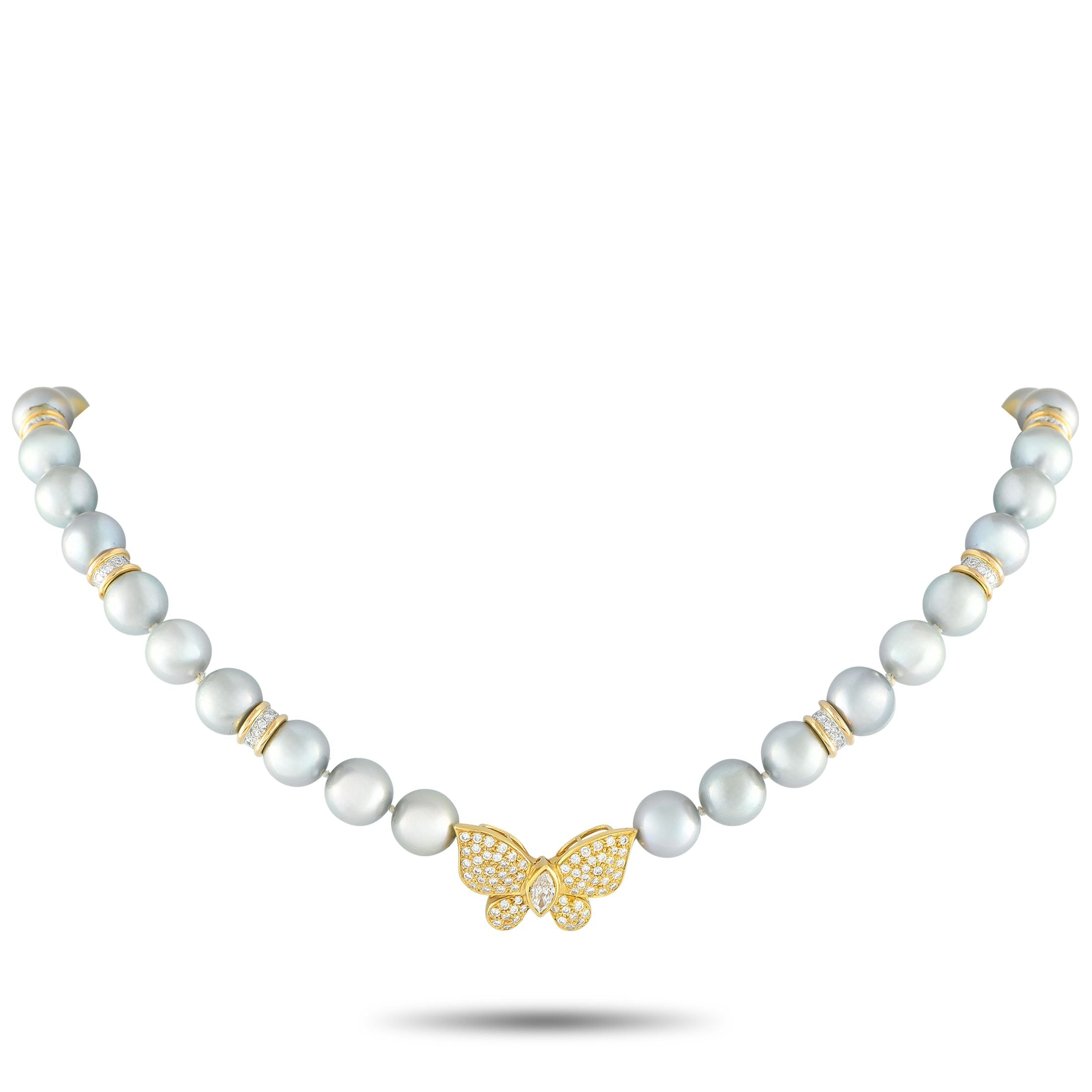 Exclusive 18K Yellow Gold 1.47ct Diamond and Pearl Butterfly Brooch Necklace MF16-081925 – This exquisite necklace offers two