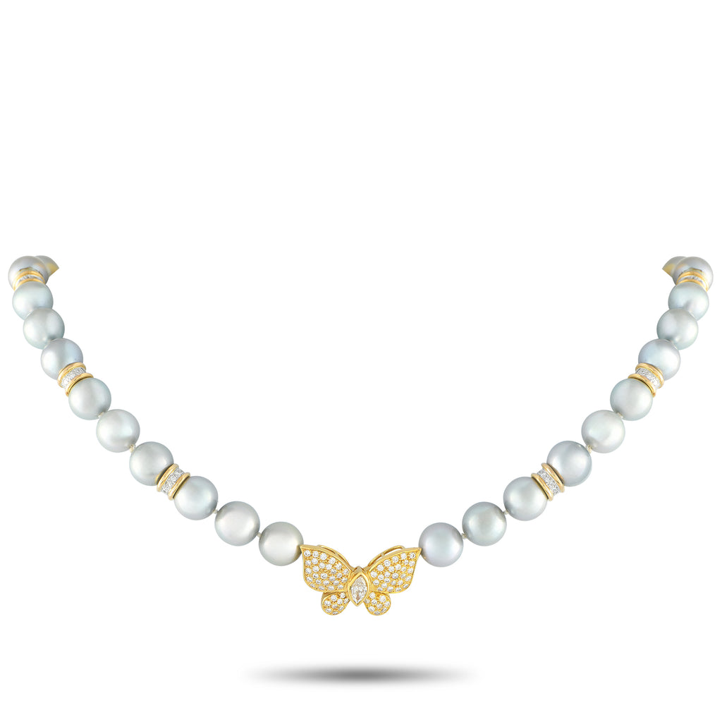 18K Yellow Gold 1.47ct Diamond and Pearl Butterfly Brooch
