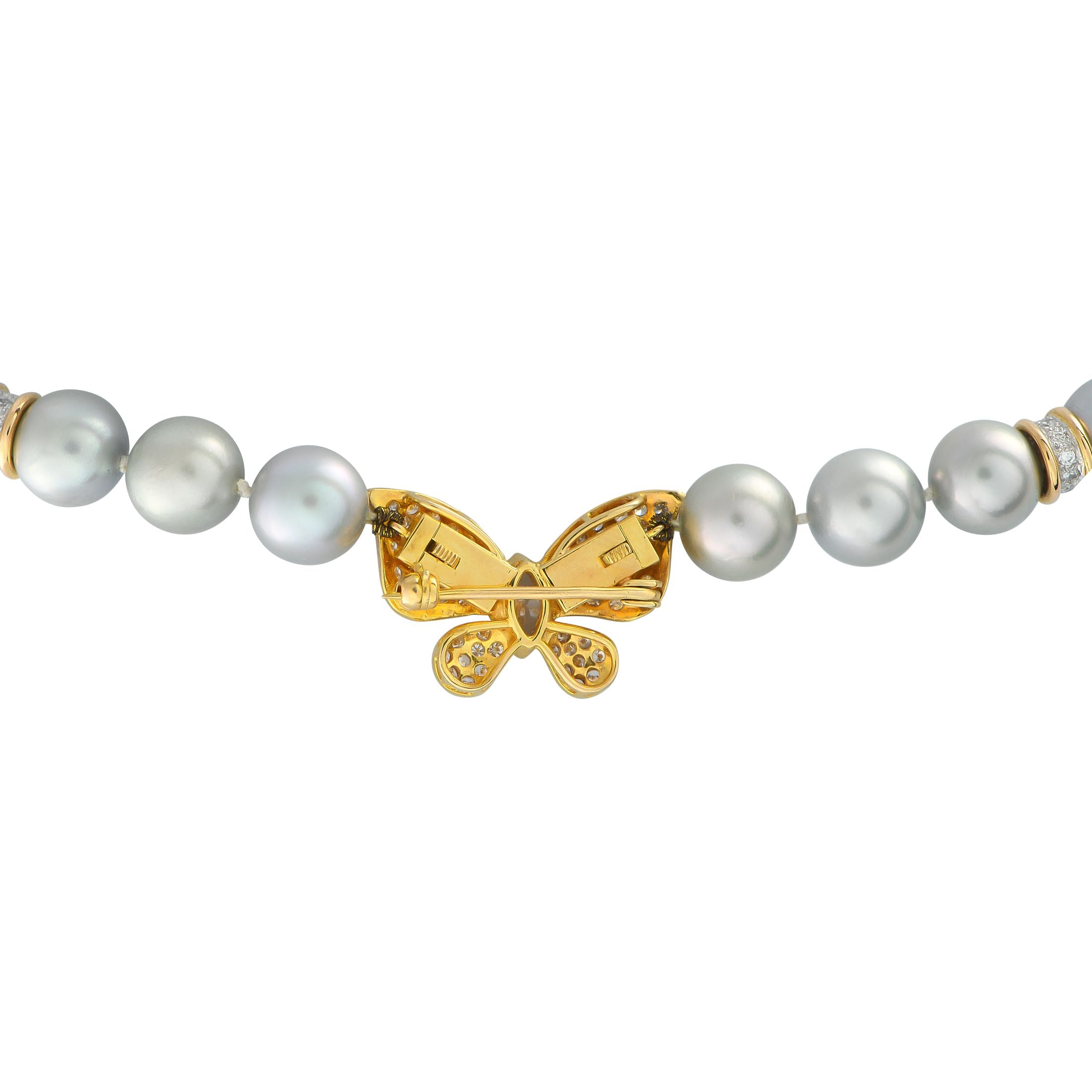Exclusive 18K Yellow Gold 1.47ct Diamond and Pearl Butterfly Brooch Necklace