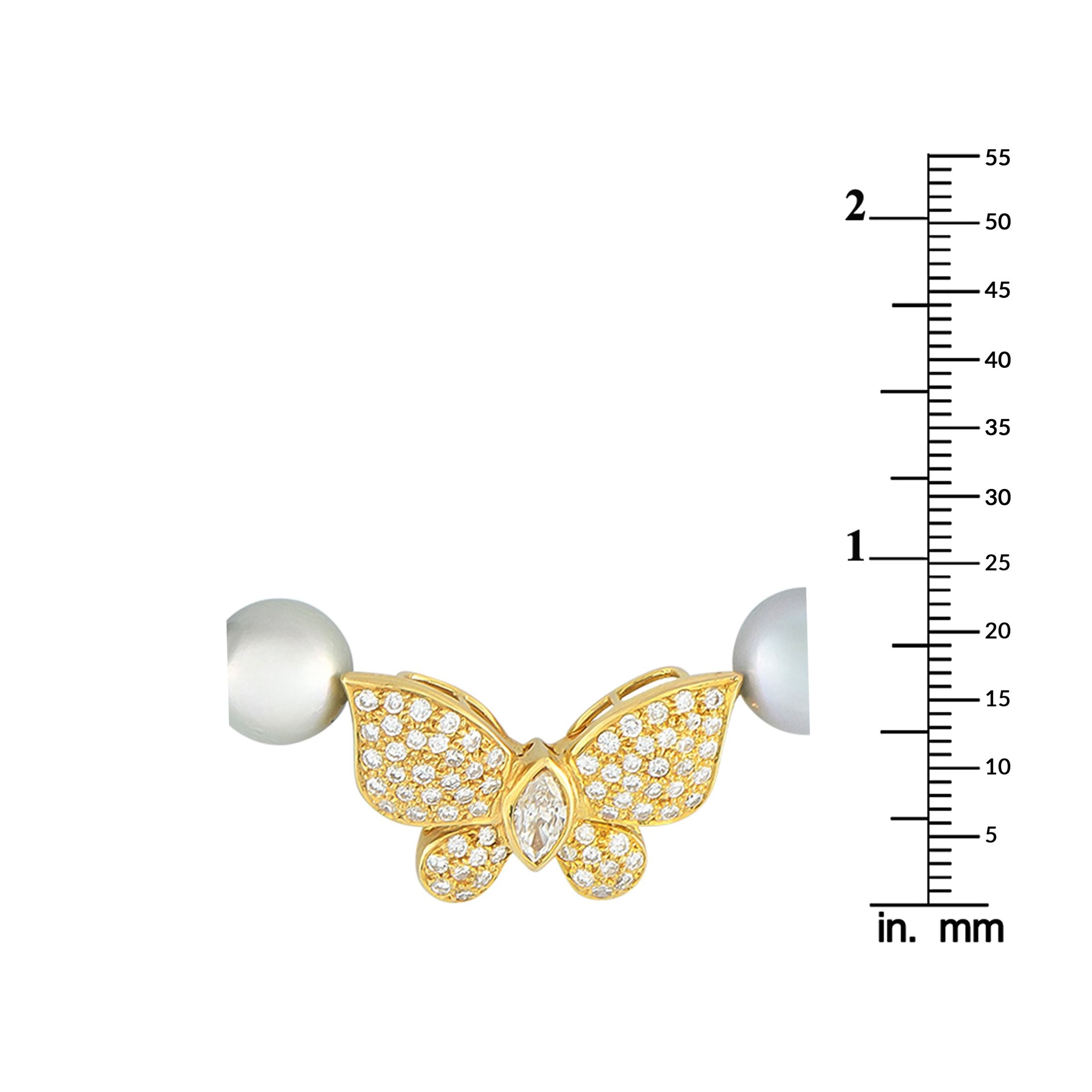 Exclusive 18K Yellow Gold 1.47ct Diamond and Pearl Butterfly Brooch Necklace