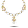 18K gold pearl necklace with diamond teardrop pendant and beaded links