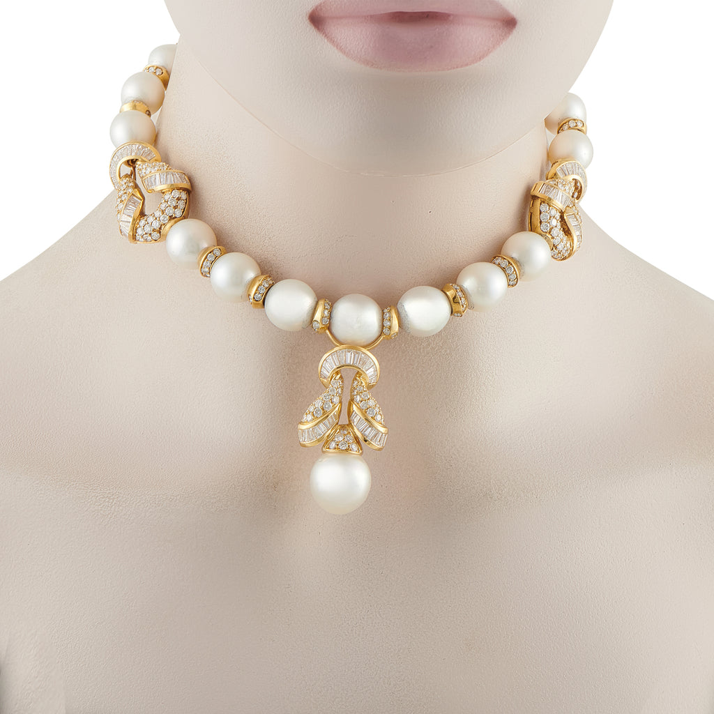 18K Yellow Gold 28.37ct Diamond and Pearl Necklace
