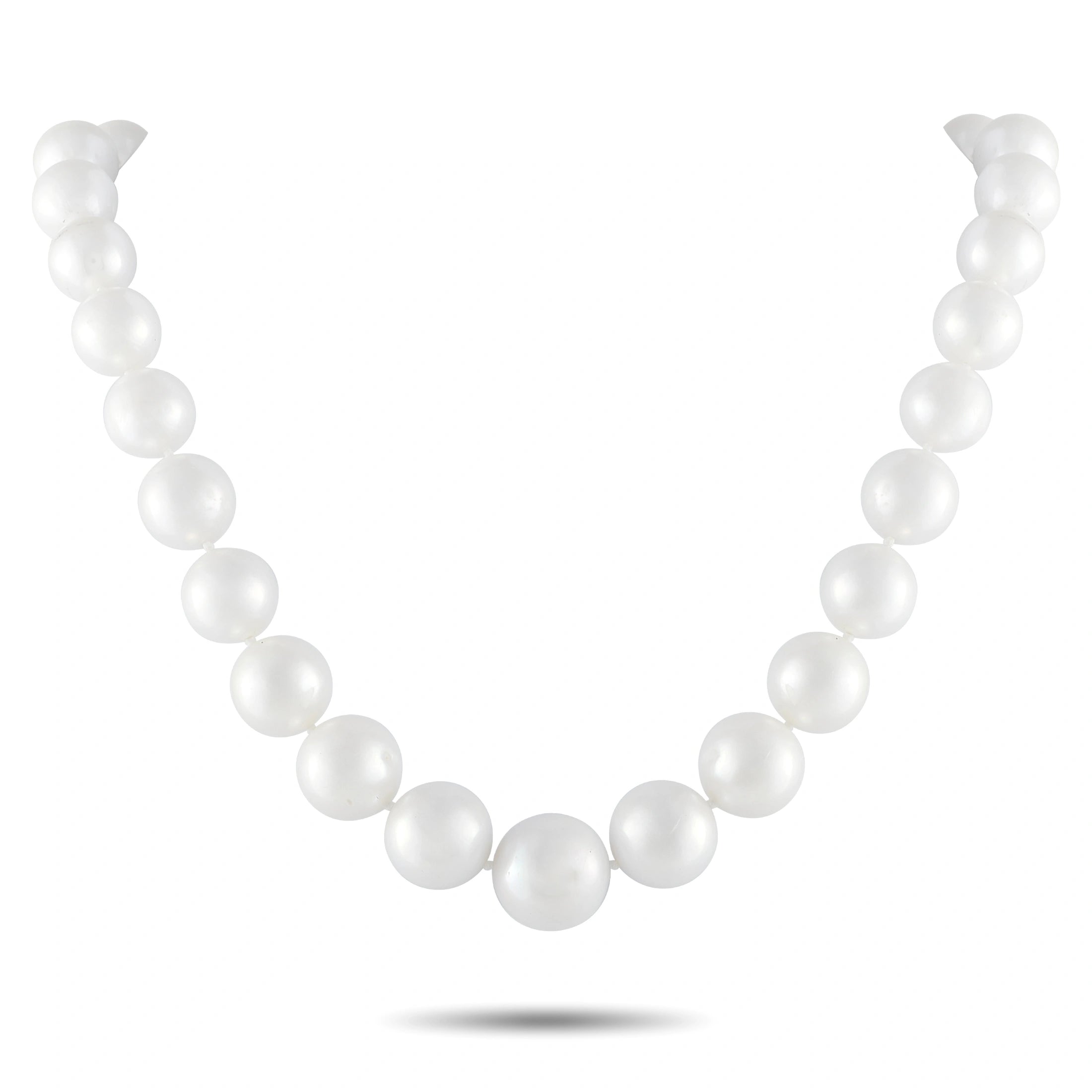 White pearl bead necklace with evenly spaced round pearls on a simple strand