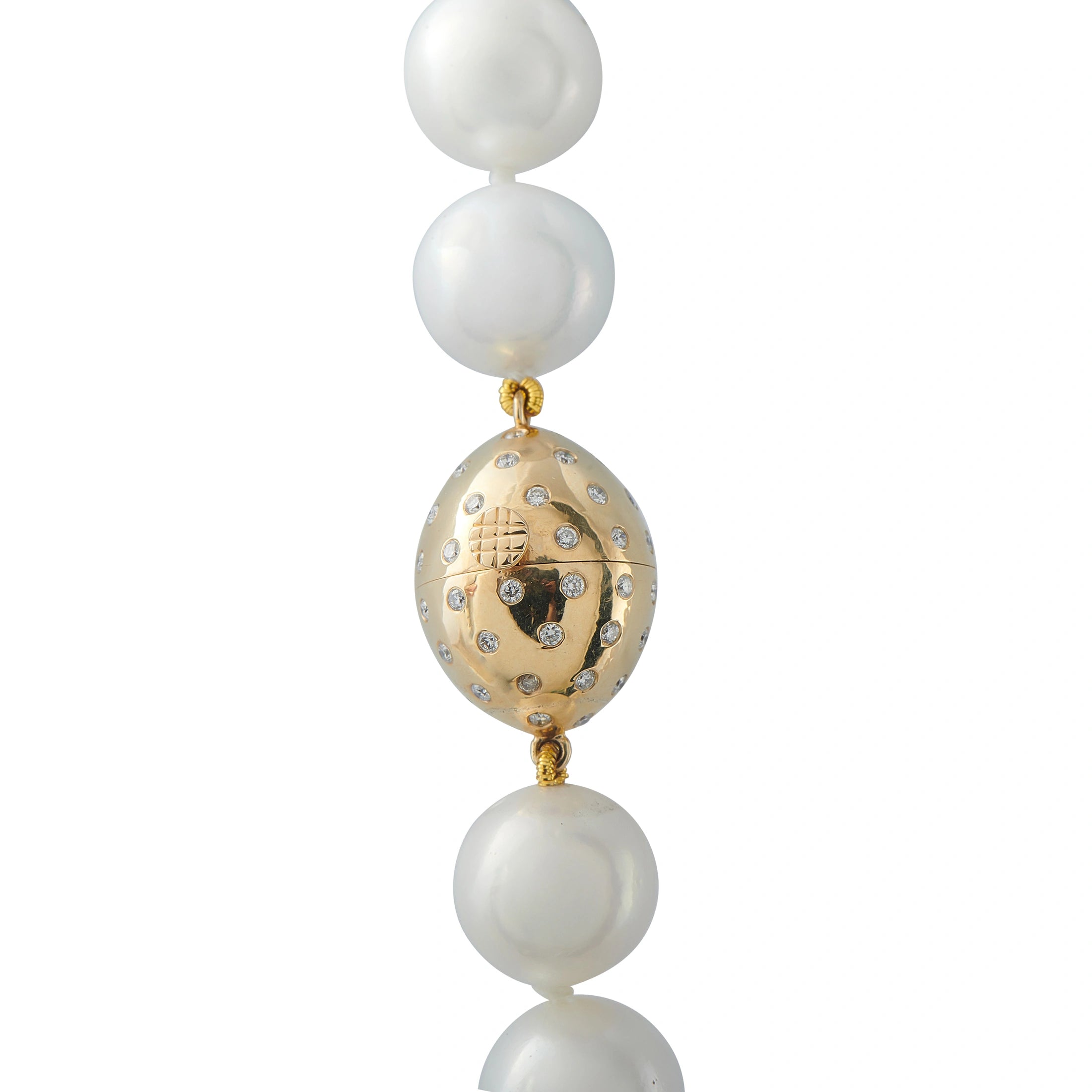 White pearl bead necklace with gold oval pendant and dangling pearl drops