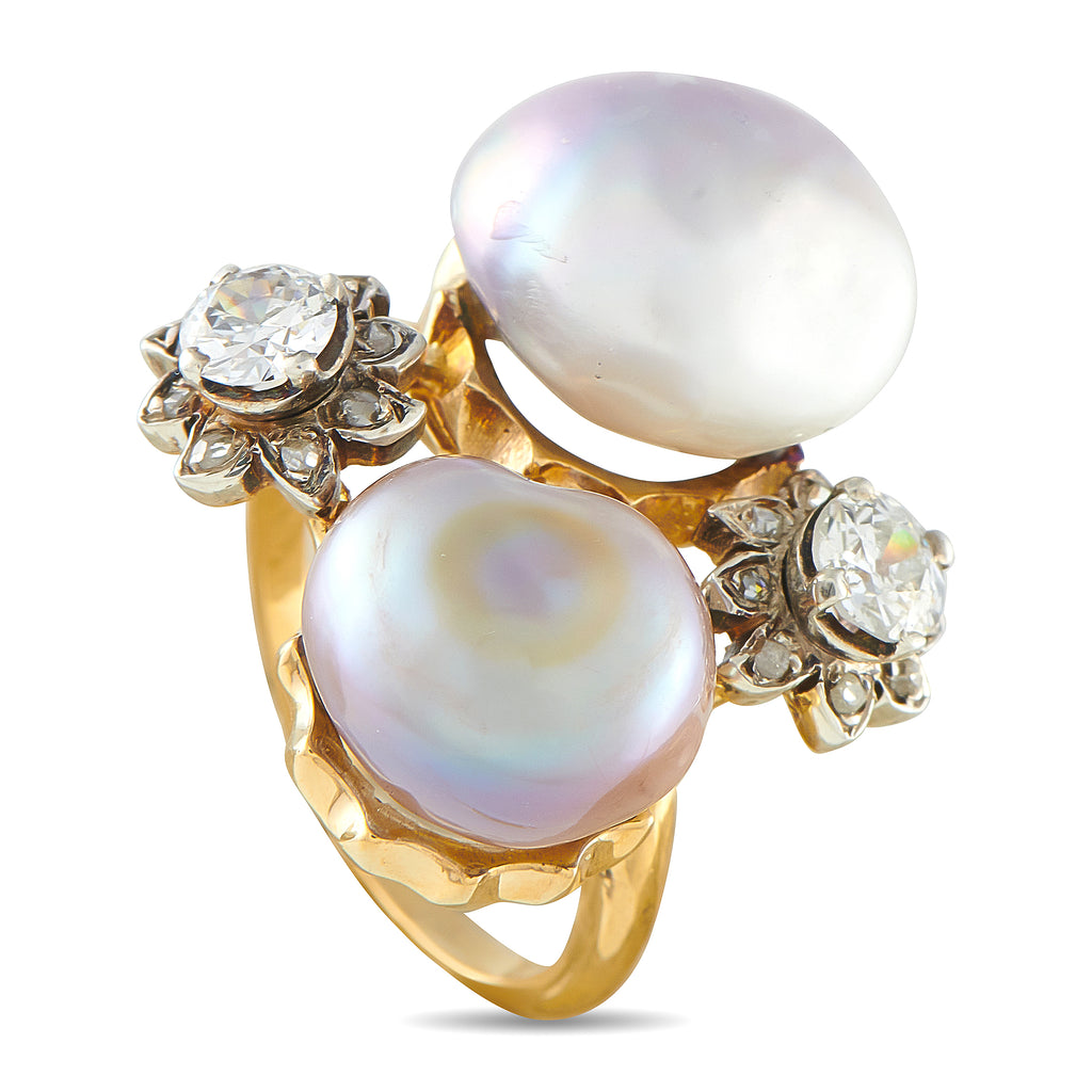 Antique 18K Yellow Gold 0.50ct Diamond and Natural Pearl Ring