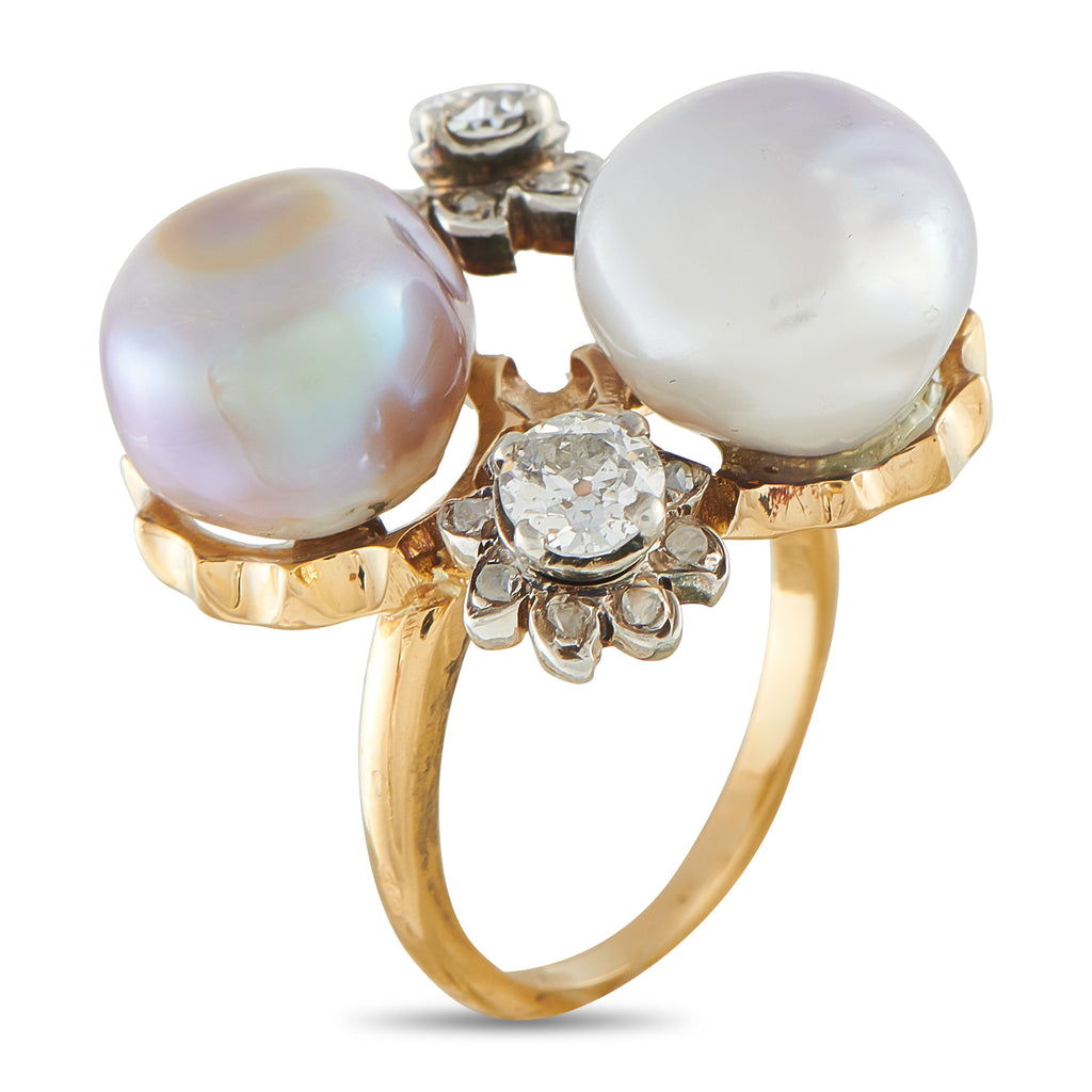 Antique 18K Yellow Gold 0.50ct Diamond and Natural Pearl Ring