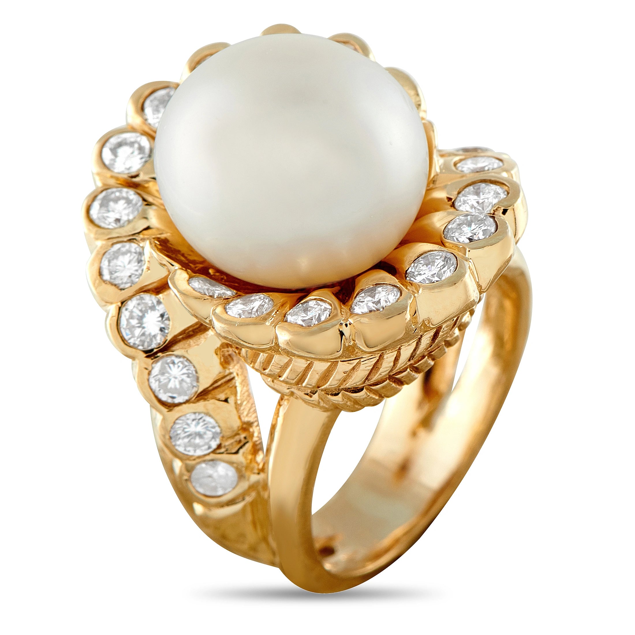 18K Yellow Gold 1.25ct Diamond and Pearl Ring