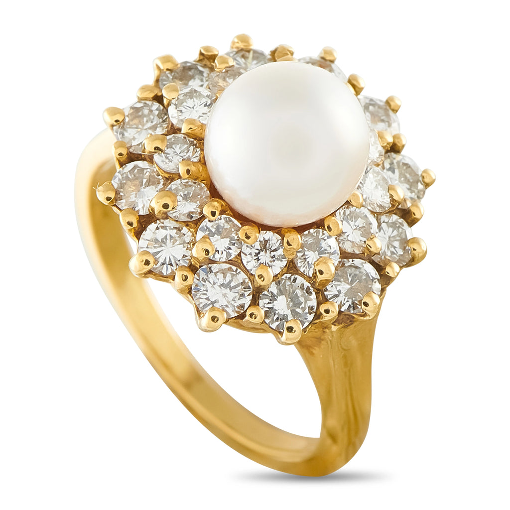 18K Yellow Gold 1.0ct Diamond and Pearl Cluster Ring