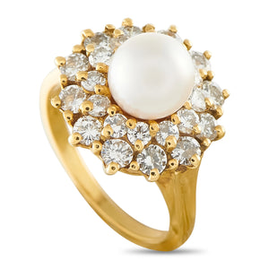 18K Yellow Gold 1.0ct Diamond and Pearl Cluster Ring