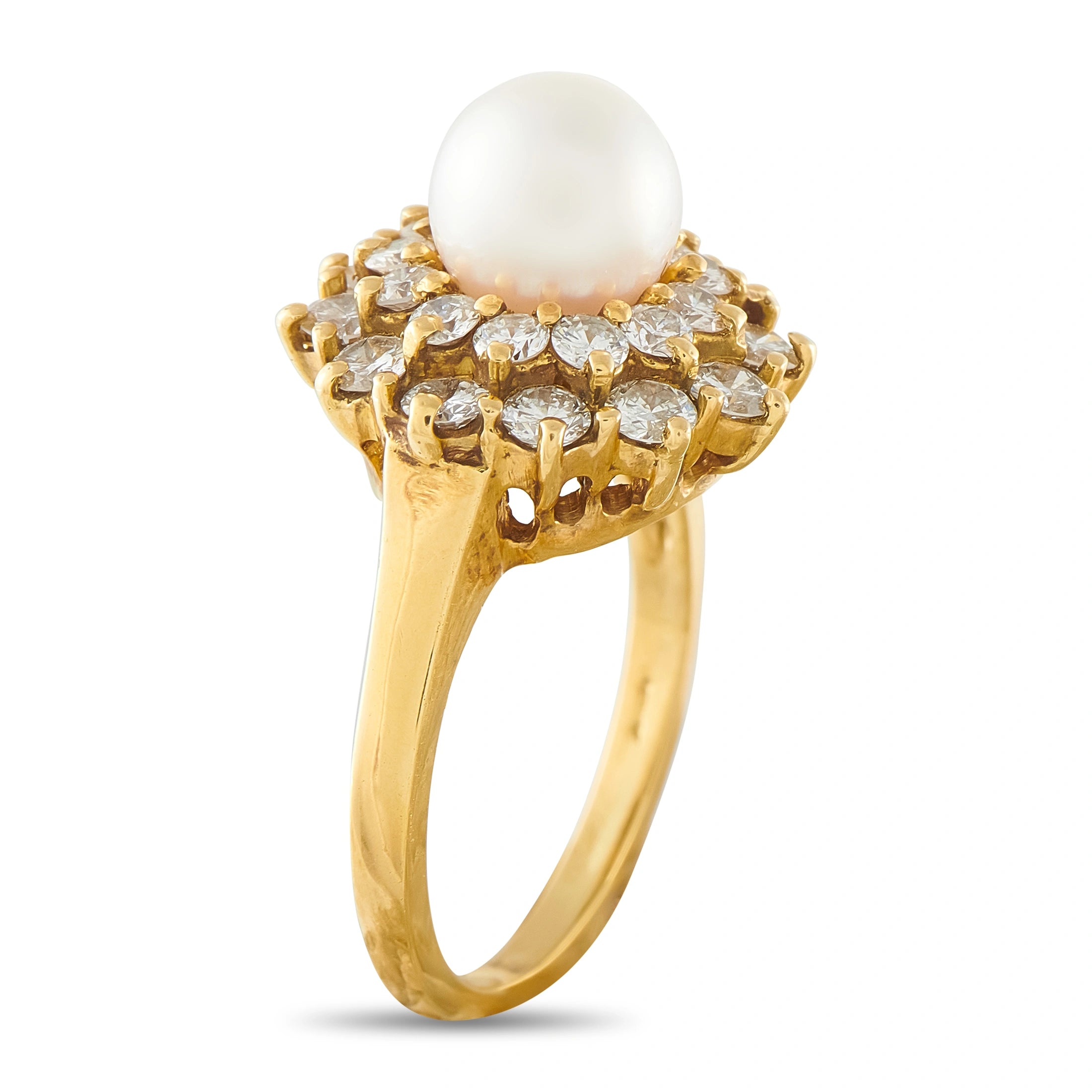 18K Yellow Gold 1.0ct Diamond and Pearl Cluster Ring