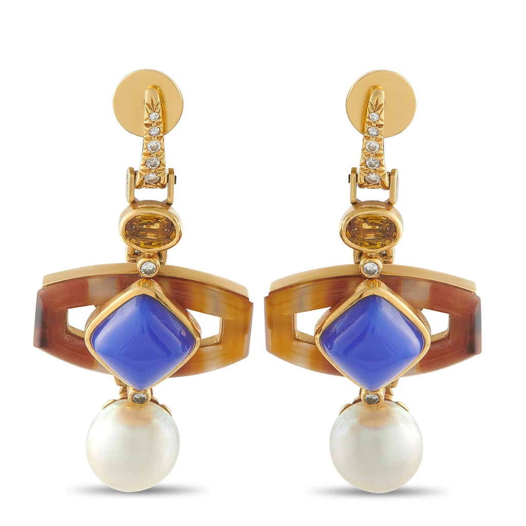 Yellow gold drop earrings with blue marquise stone, amber agate bezel, white pearl