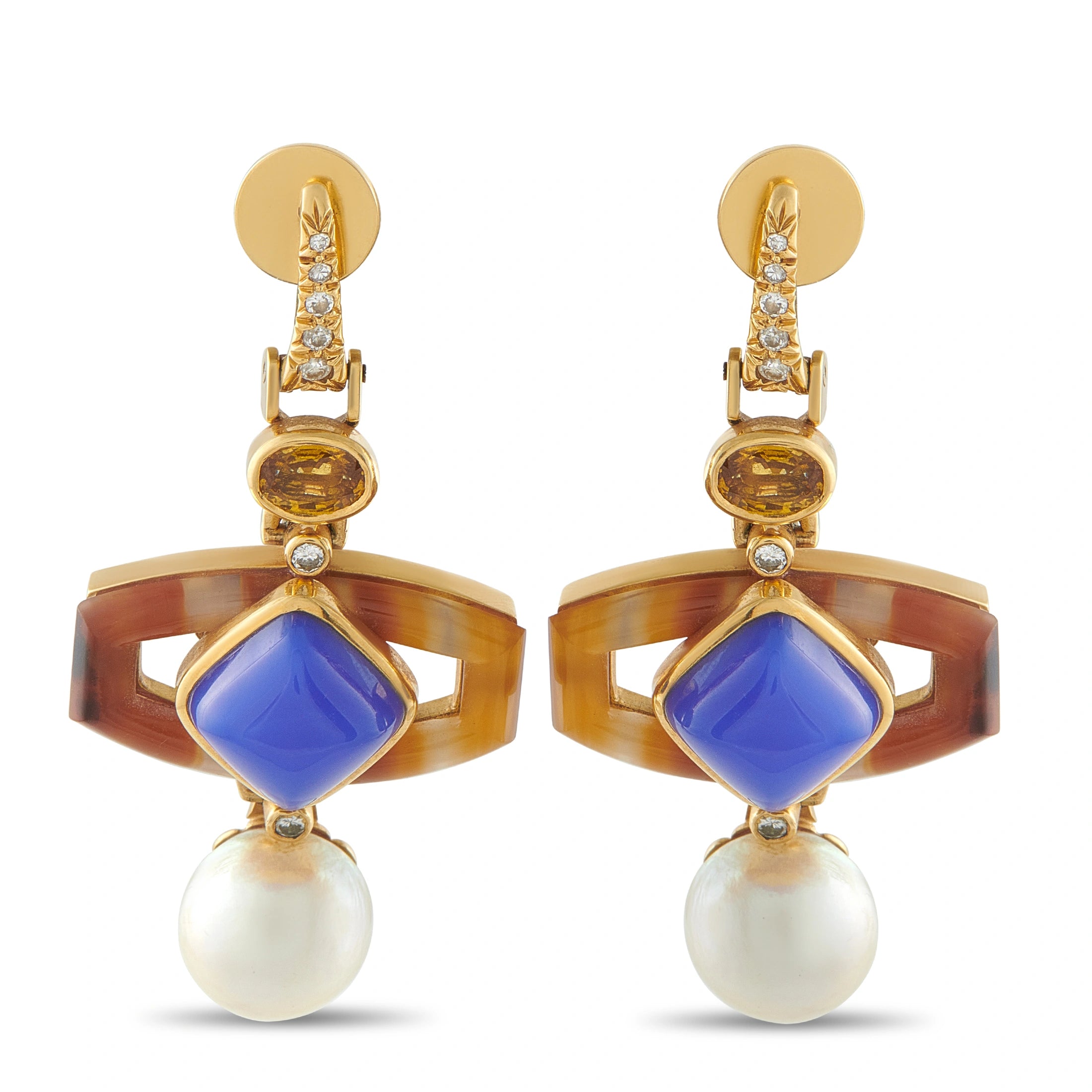 Yellow gold drop earrings with blue marquise stone, amber agate bezel, white pearl