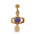 Yellow gold drop earrings side view: blue stone panel, amber oval, white pearl