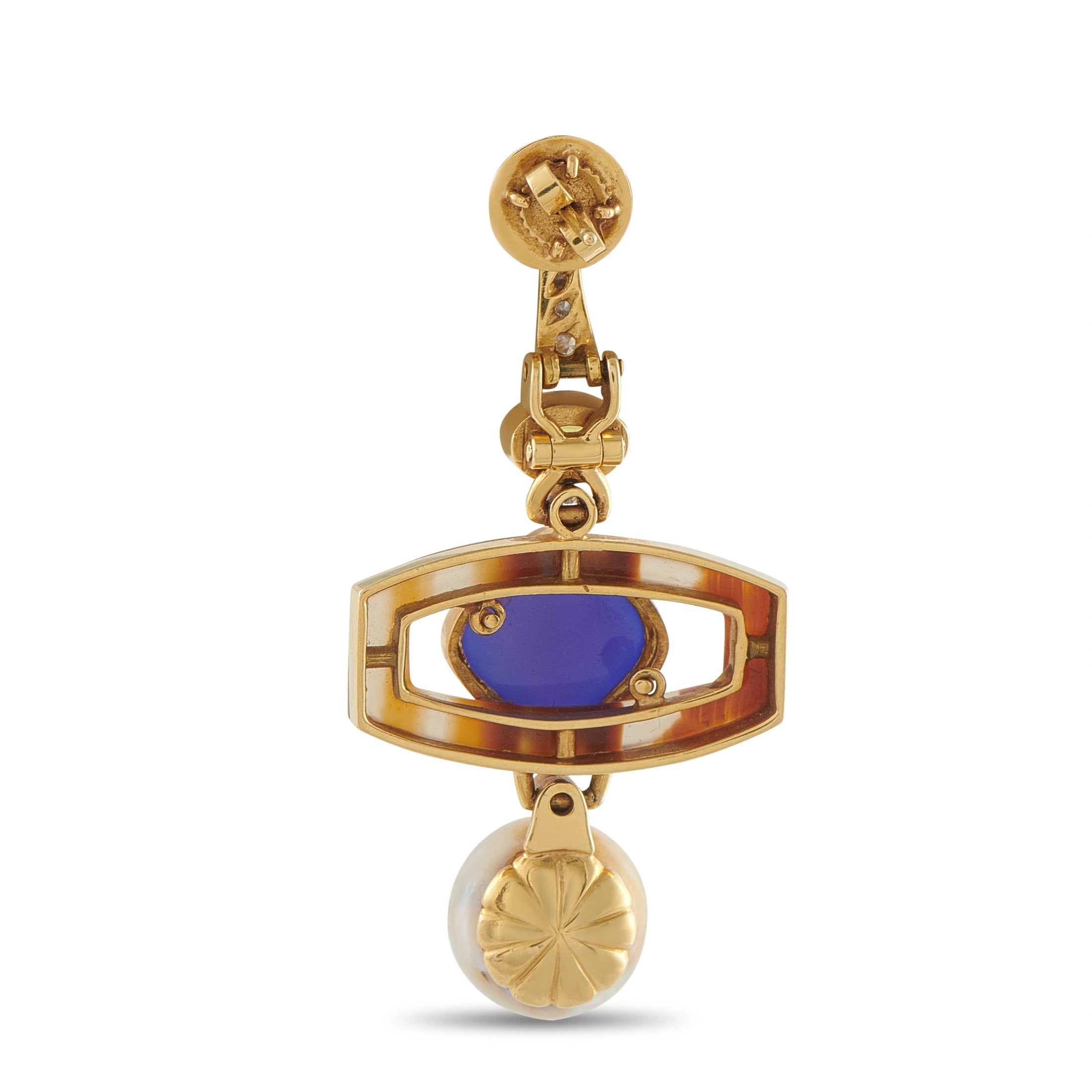 Yellow gold drop earrings side view: blue stone panel, amber oval, white pearl