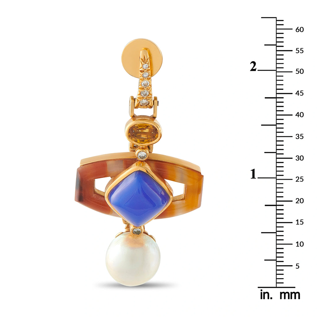 Yellow gold drop earrings with blue center stone, amber ring, round white pearl, diamond accents