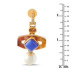 Yellow gold drop earrings with blue center stone, amber ring, round white pearl, diamond accents
