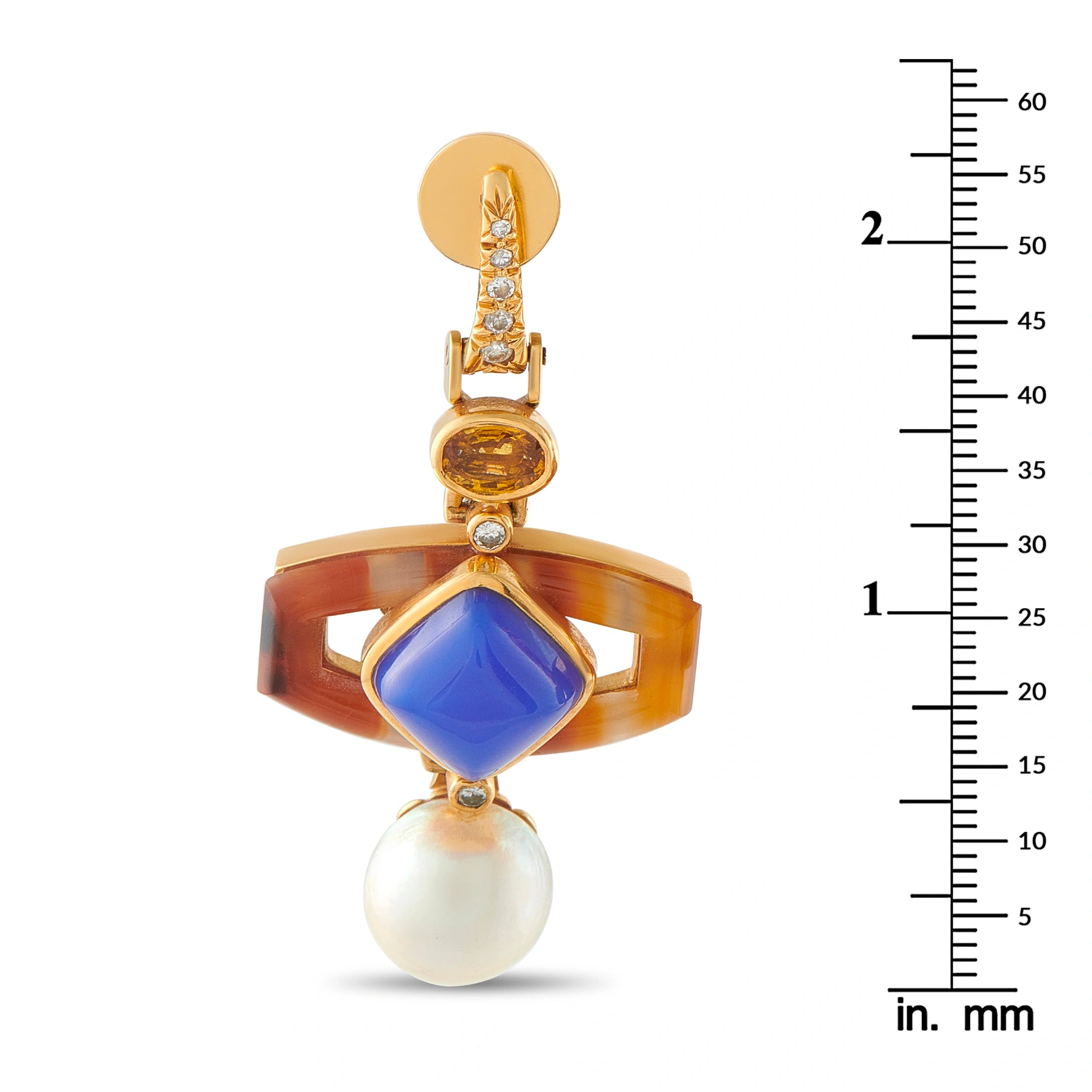 Yellow gold drop earrings with blue center stone, amber ring, round white pearl, diamond accents