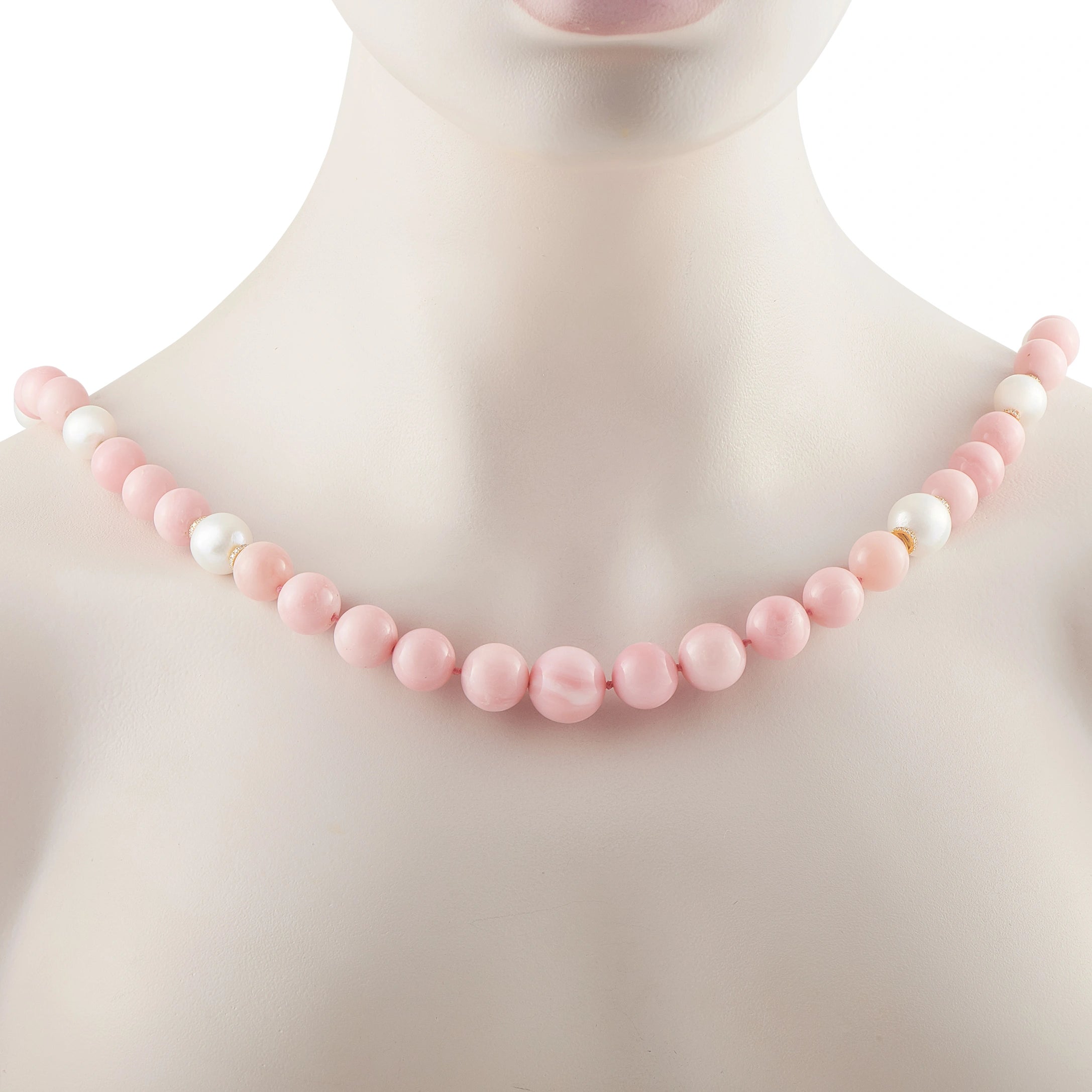 Pink and white beaded necklace with small gold links along the strand
