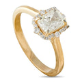 18K yellow gold diamond ring with square center stone and halo