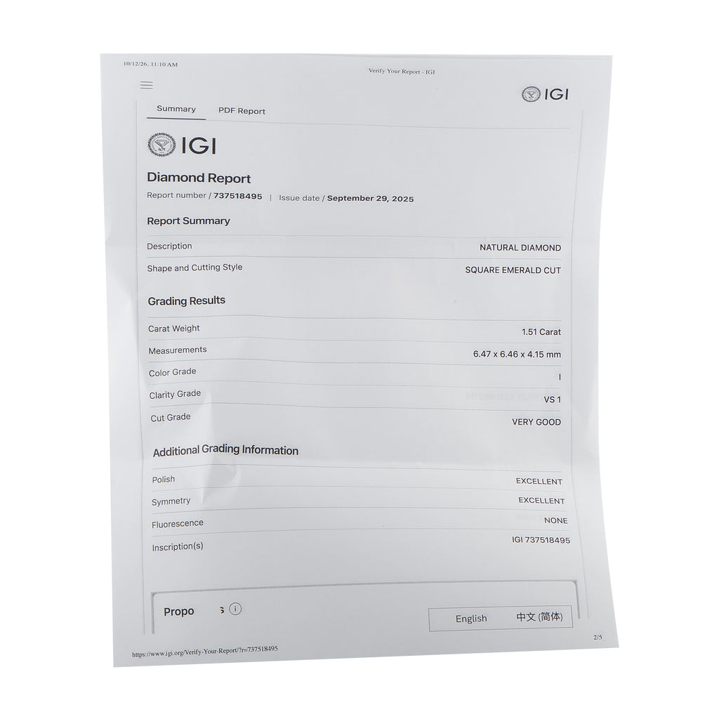 IGI diamond report certificate document with grading summary and carat details