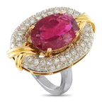 18K yellow gold ring with oval rubellite and diamond halo