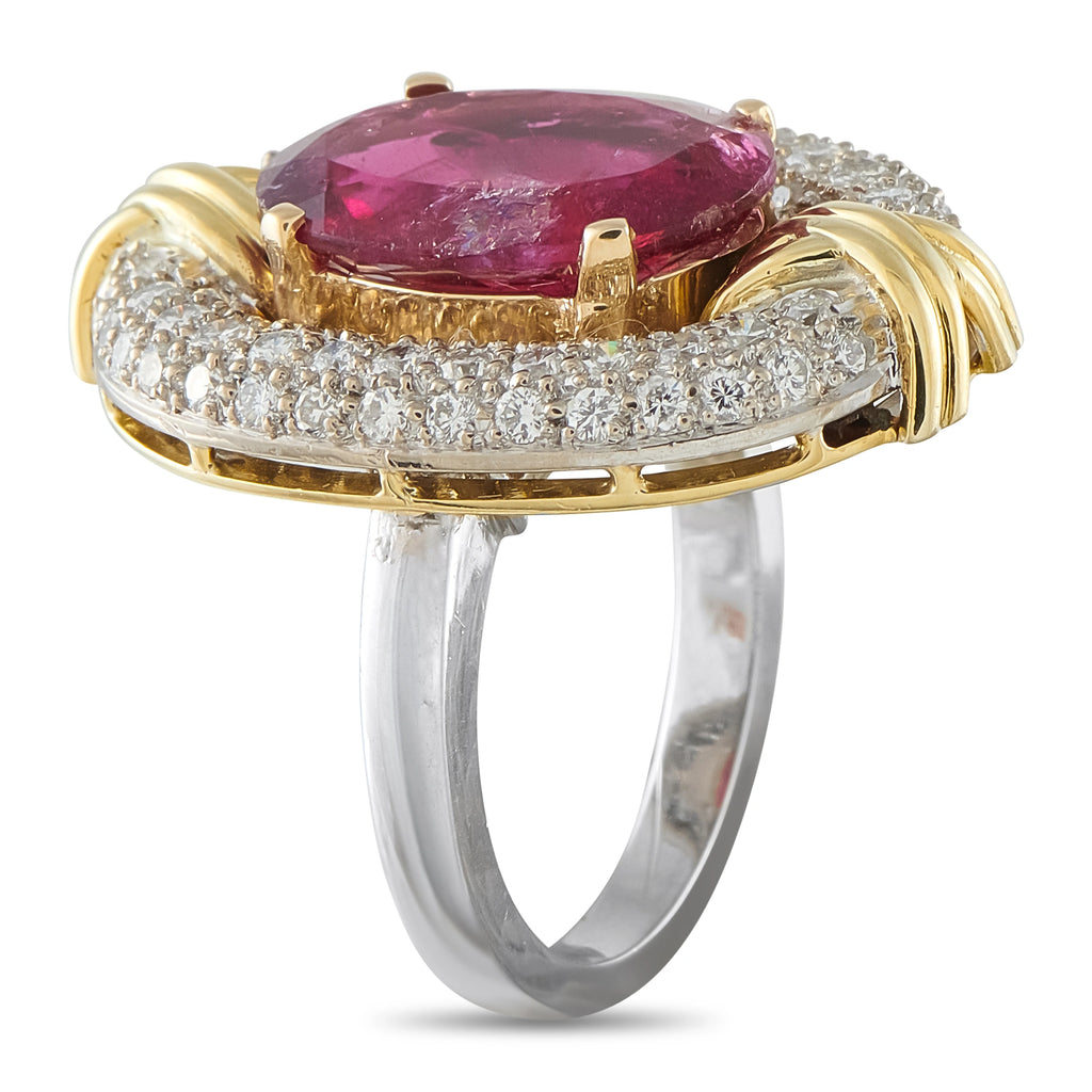 18K yellow gold ring with oval rubellite and diamond halo on a silver-tone band