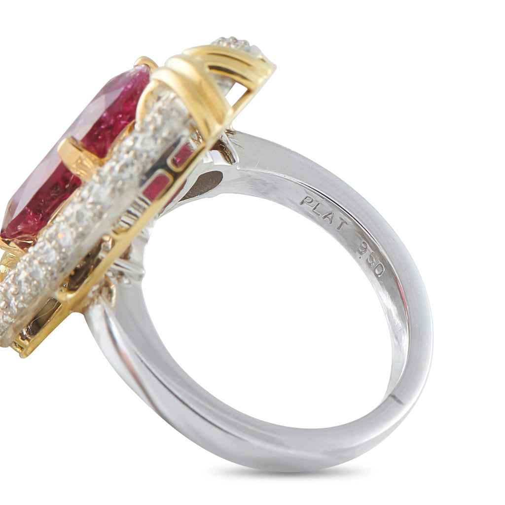 Diamond and rubellite ring in yellow gold with platinum band