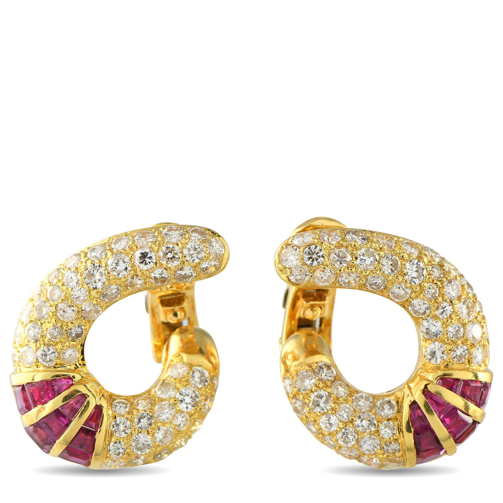 Exclusive 18K Yellow Gold 3.12ct Diamond and Ruby Clip-On Earrings MF29-061125 – A curved 18K Yellow Gold setting makes these