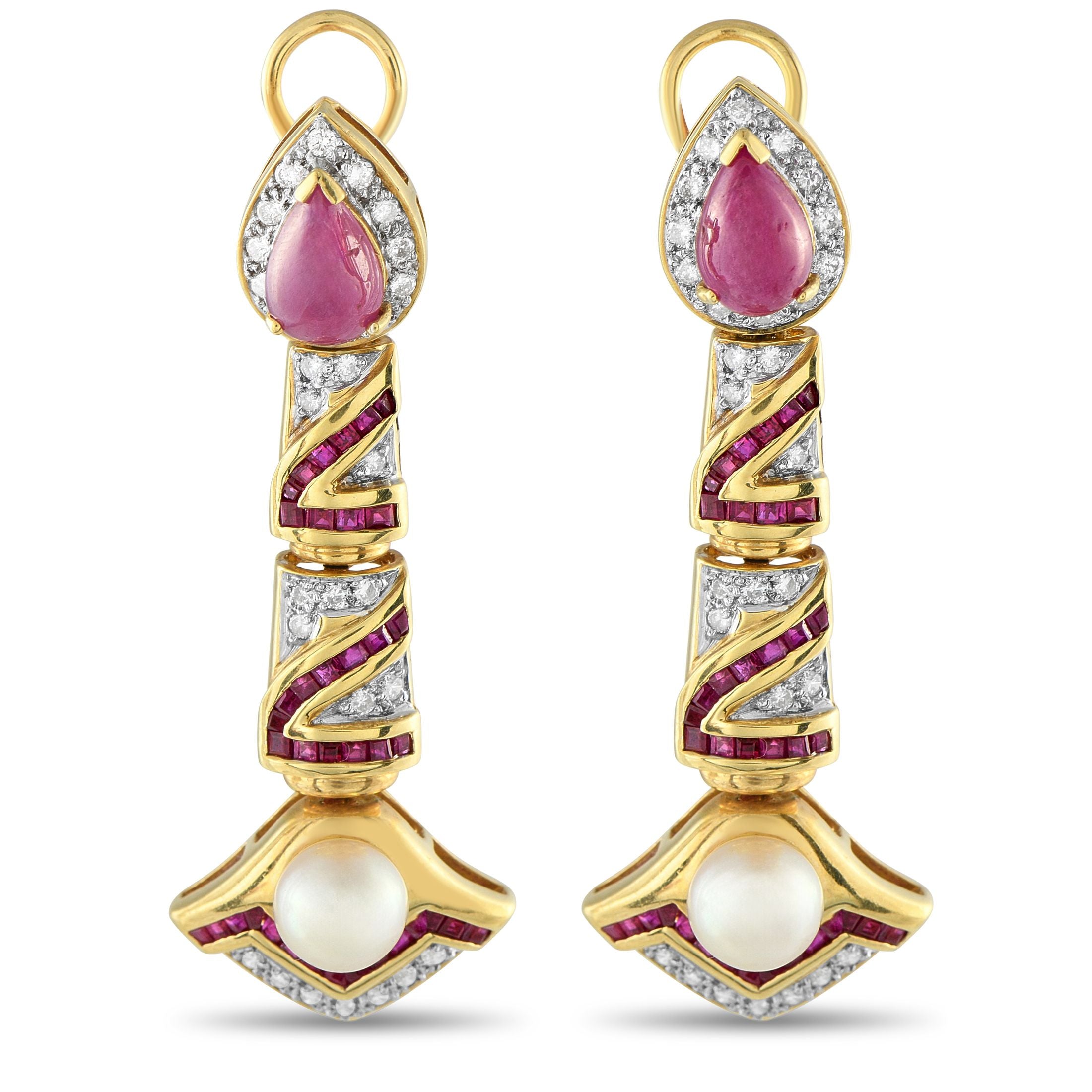 Exclusive 18K Yellow Gold 0.80ct Diamond, Ruby, and Pearl Drop Earrings MF21-072925 – Vintage glamour gets a regal twist in t
