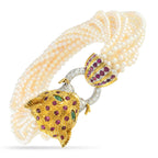 Exclusive 18K Yellow Gold 0.78ct Diamond, Ruby, Emerald, and Pearl Lion Head Multi-Strand Bracelet MF13-081925 – This chic mu