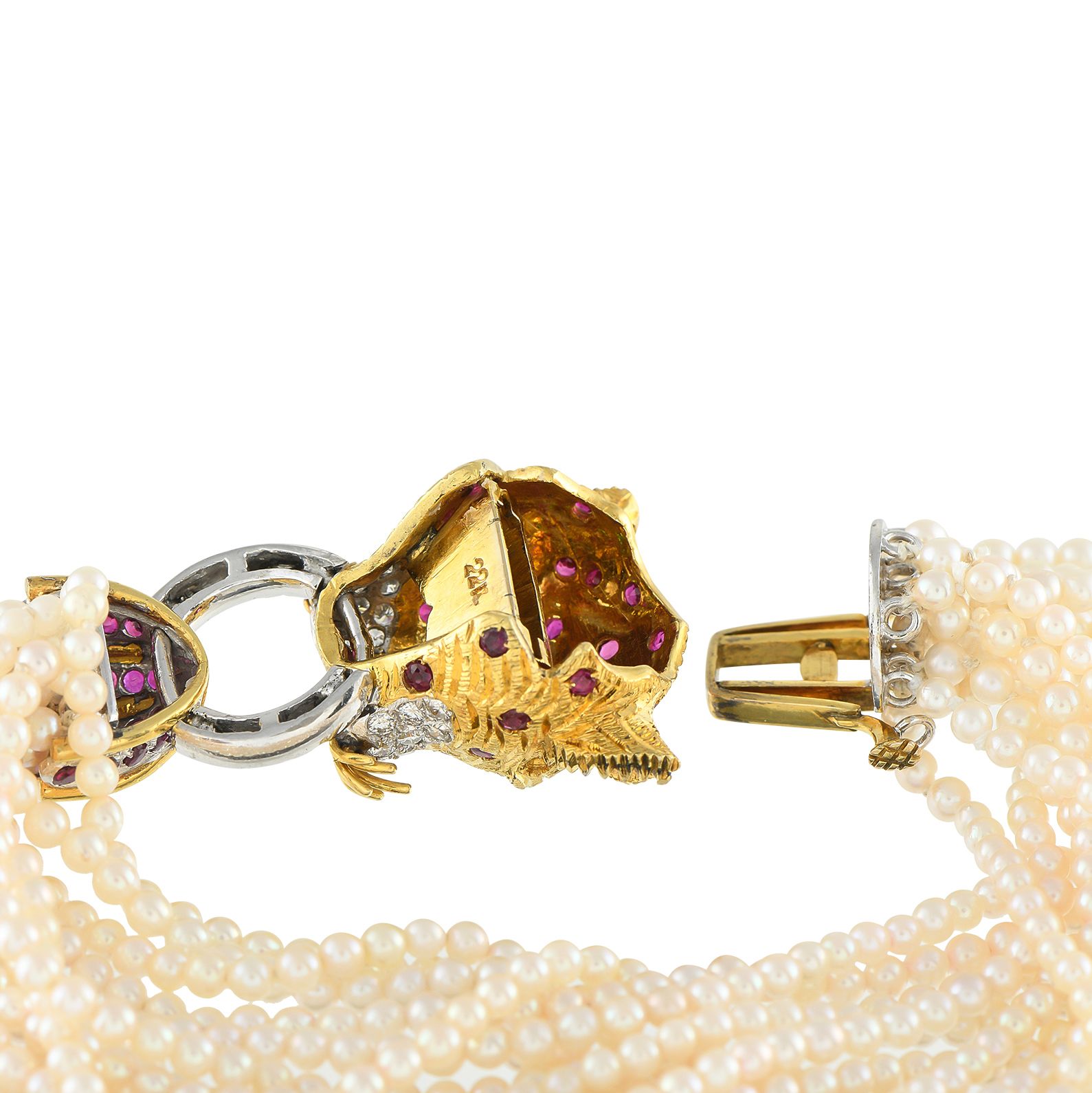 Exclusive 18K Yellow Gold 0.78ct Diamond, Ruby, Emerald, and Pearl Lion Head Multi-Strand Bracelet