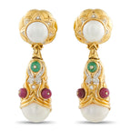18K Yellow Gold Diamond, Ruby, Emerald, Pearl Earrings