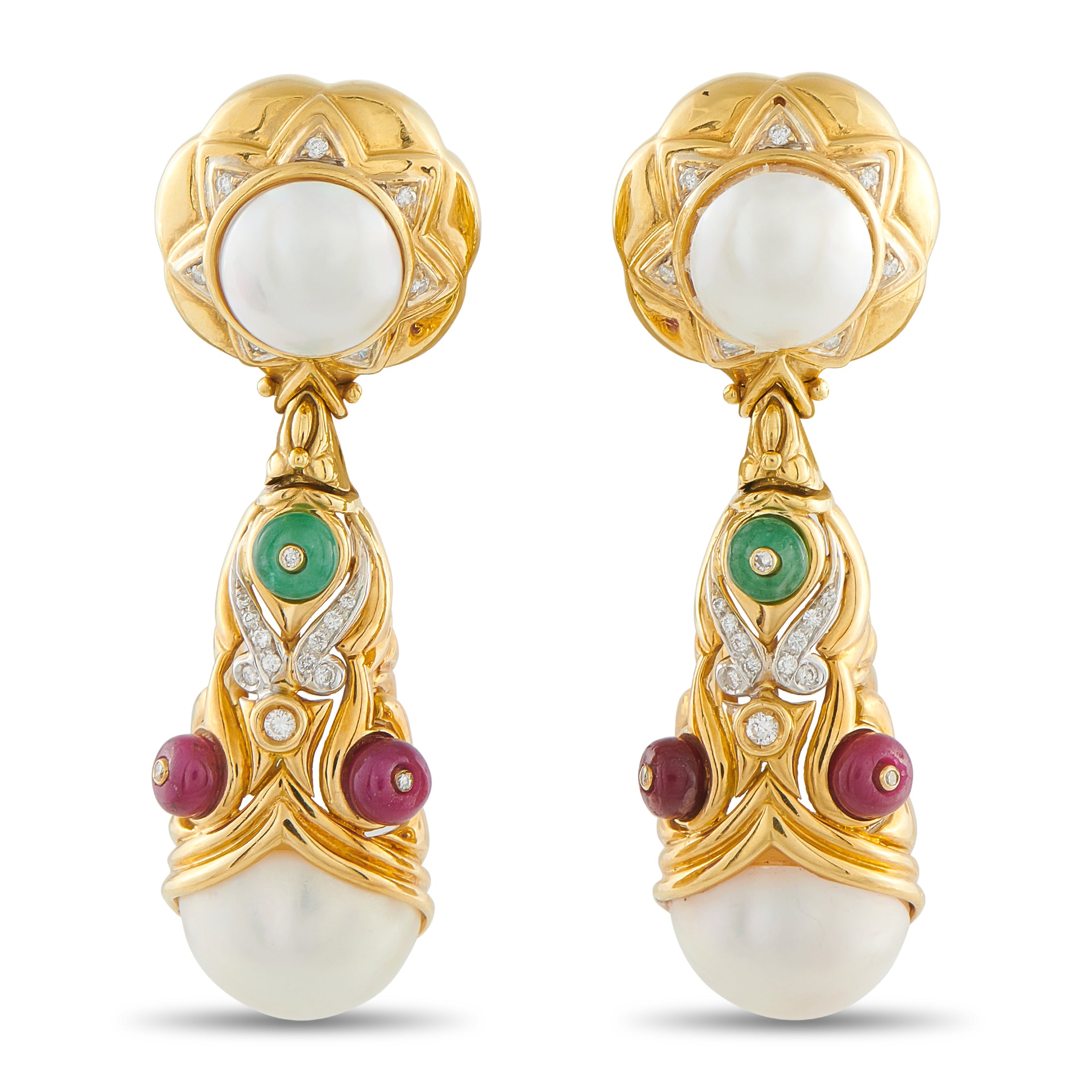 18K Yellow Gold Diamond, Ruby, Emerald, Pearl Earrings