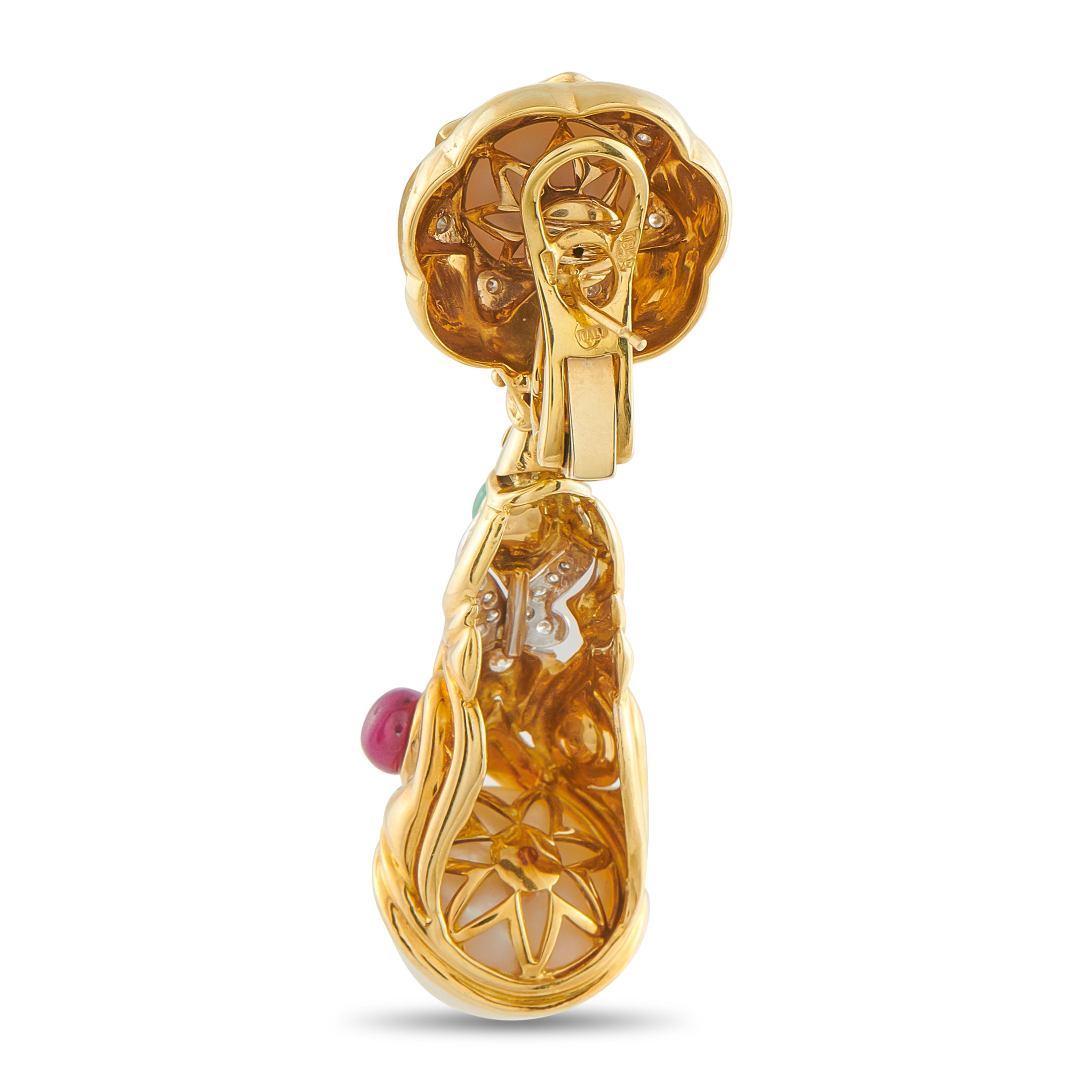 18K Yellow Gold Diamond, Ruby, Emerald, Pearl Earrings