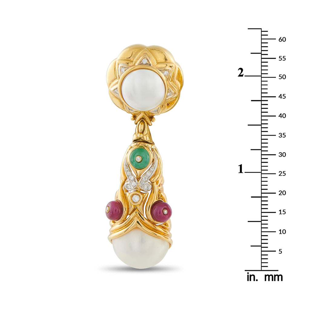 18K Yellow Gold Diamond, Ruby, Emerald, Pearl Earrings