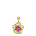 Gold flower pendant with ruby center and diamond halo accents, bail included