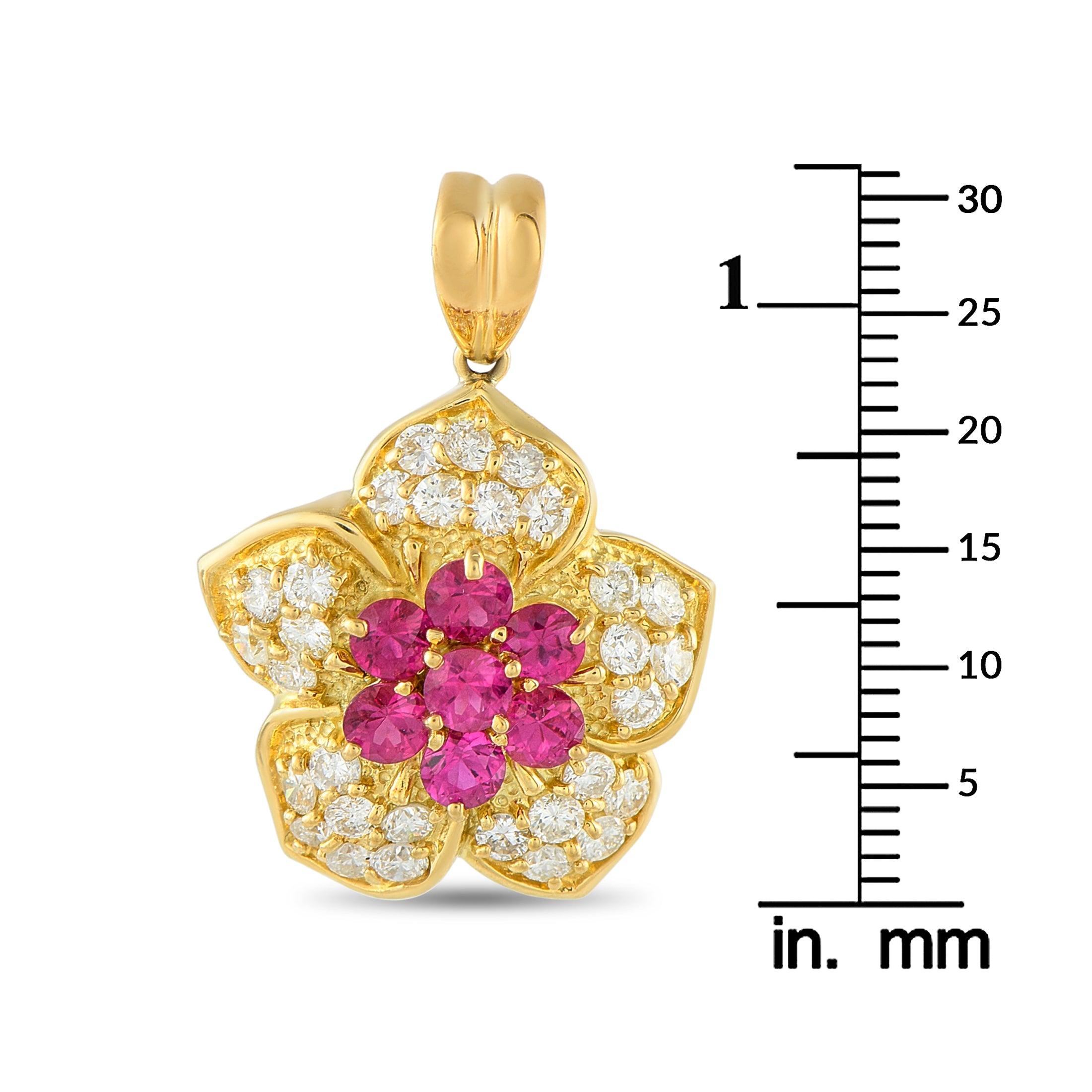18K Yellow Gold 1.49ct Diamond and Ruby Flower Pendant