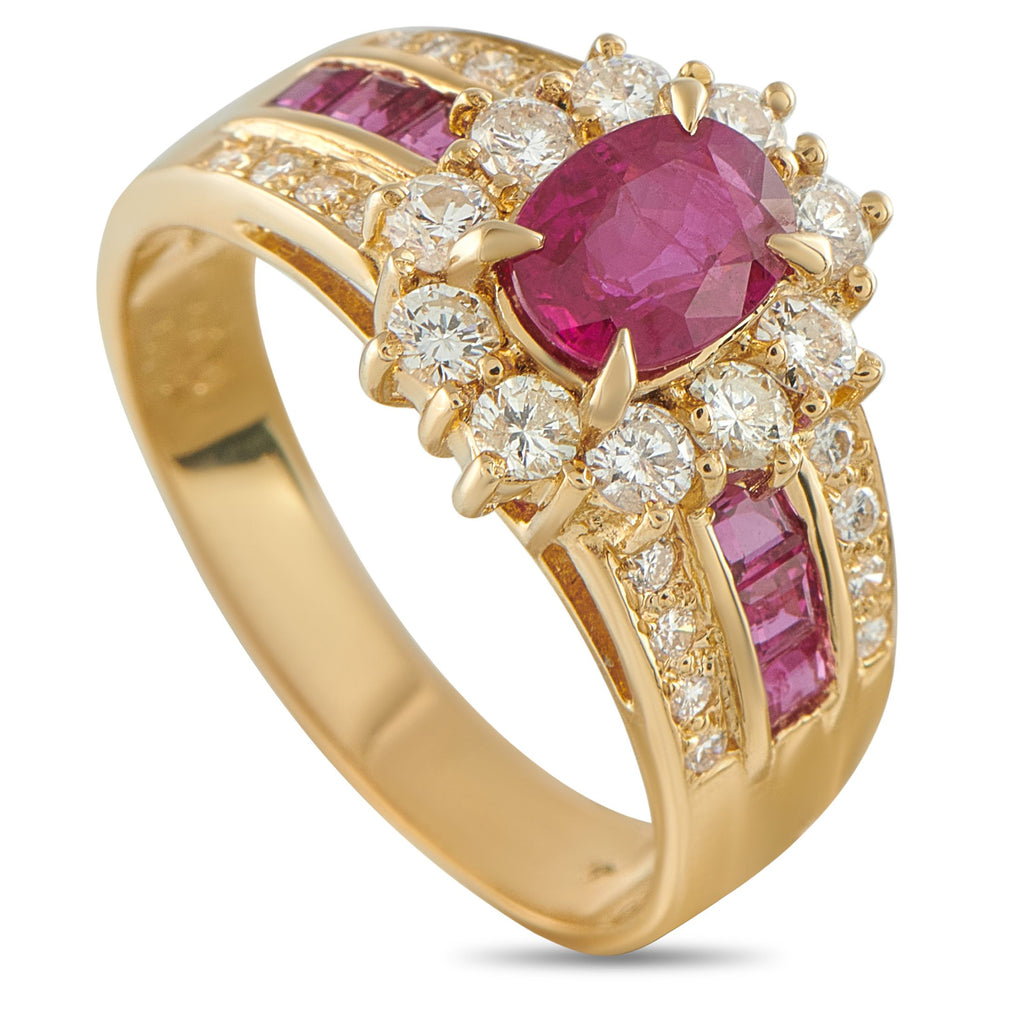 18K Yellow Gold 1.08ct Diamond and Ruby Ring - An opulent design makes this luxury ring a piece that will never go out of style. Incredibly ornate, it features a radiant 1.