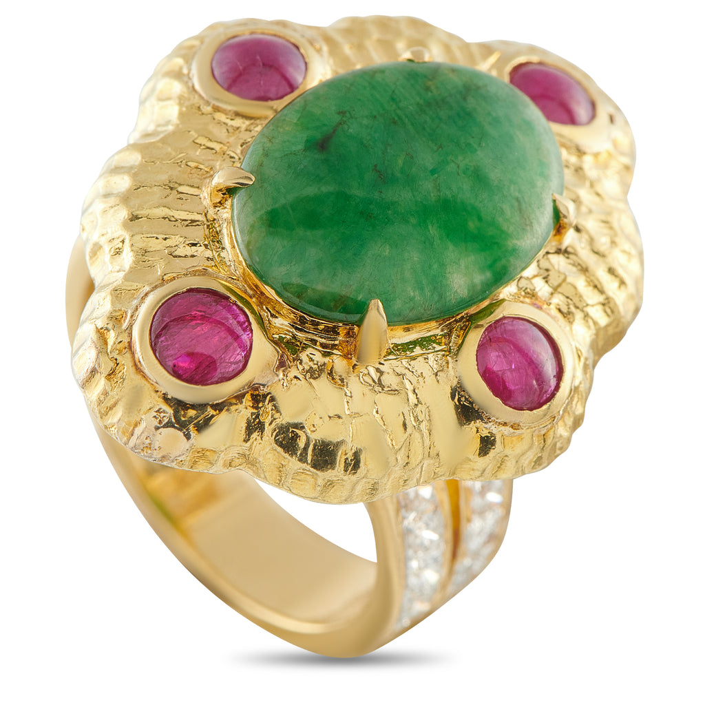18K Yellow Gold 0.48ct Diamond, Ruby, and Jade Ring