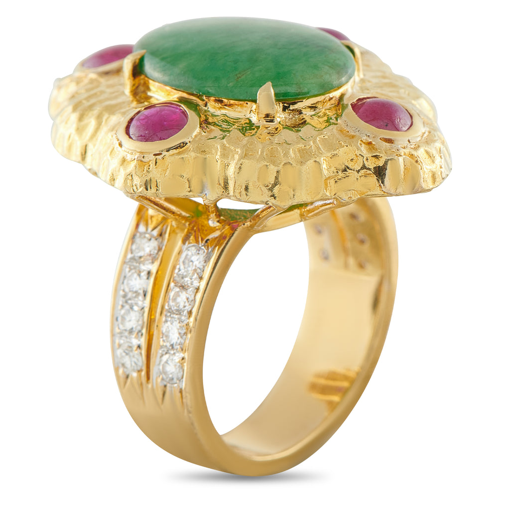 18K Yellow Gold 0.48ct Diamond, Ruby, and Jade Ring