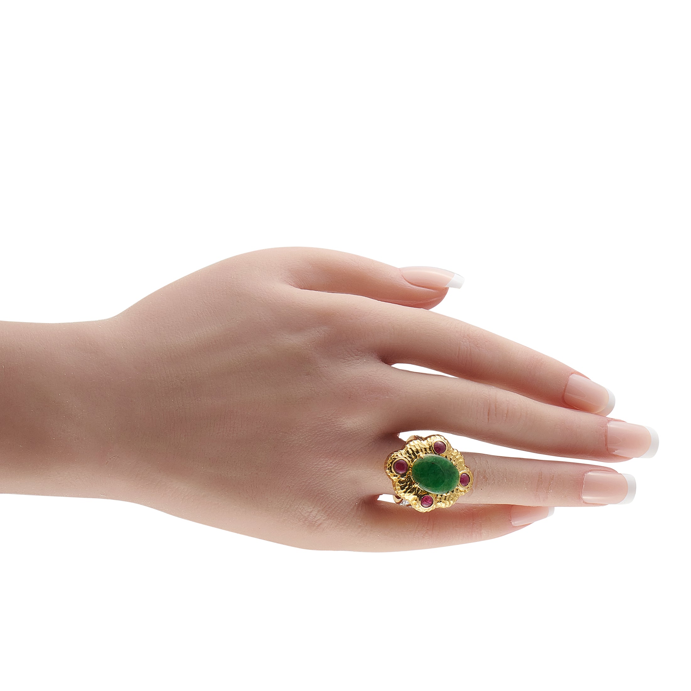 18K Yellow Gold 0.48ct Diamond, Ruby, and Jade Ring