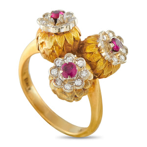 18K Yellow Gold Diamond and Ruby Triple Flower Ring