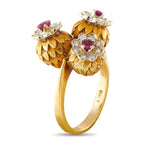 18K Yellow Gold Diamond and Ruby Triple Flower Ring