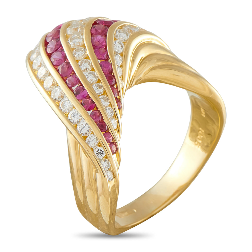 18K yellow gold ring with ruby rows and diamond accents, side view