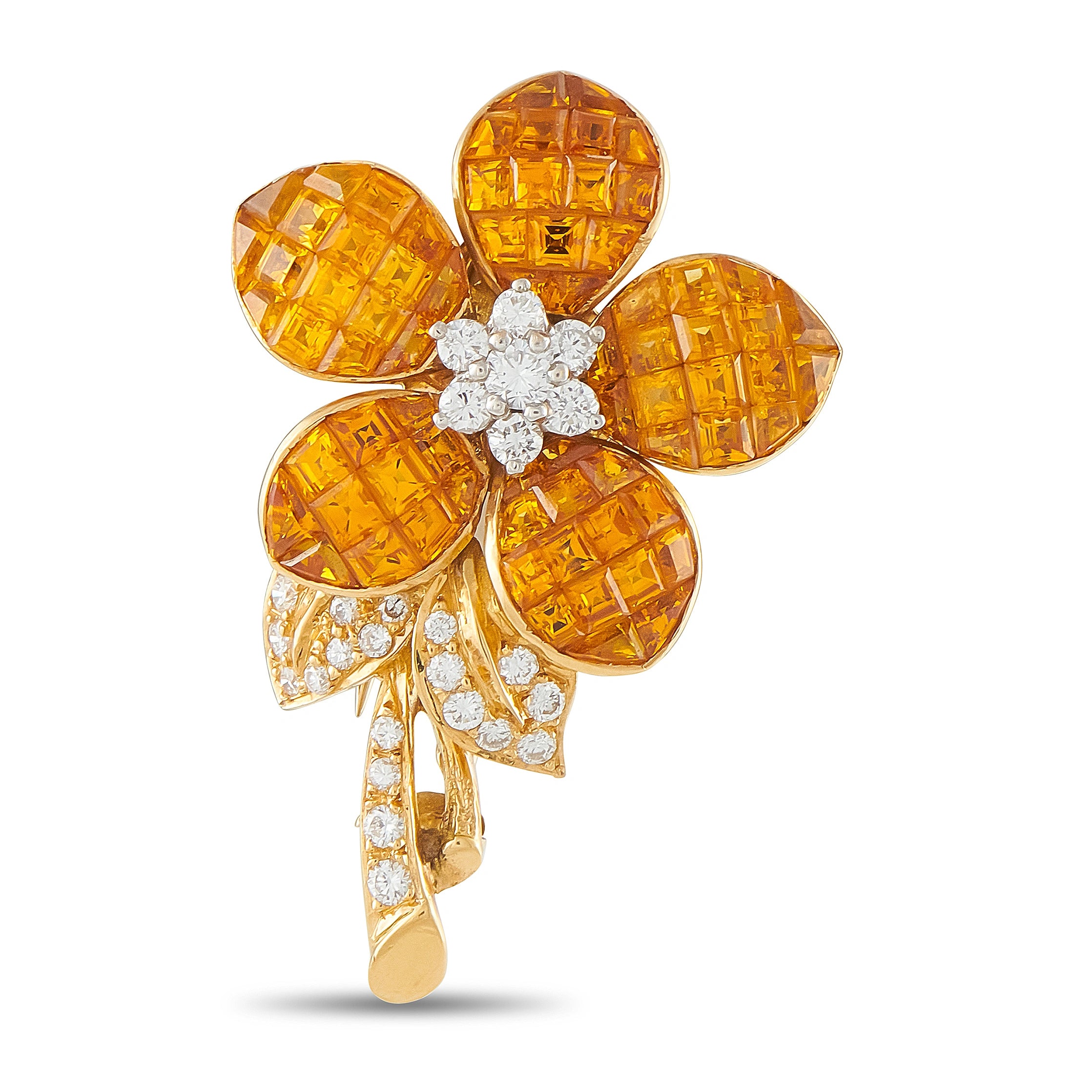 18K Yellow Gold 0.32ct Diamond and Sapphire Flower Brooch