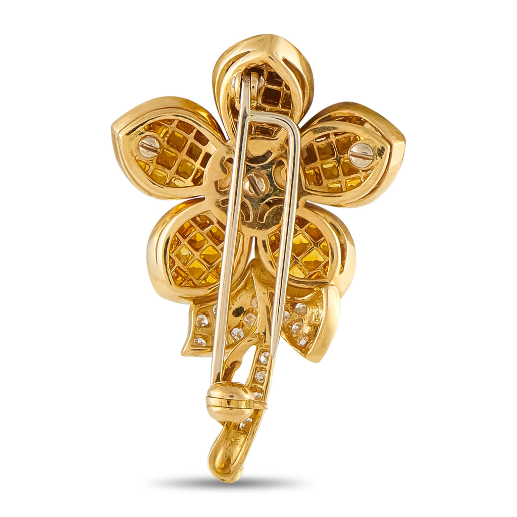 18K Yellow Gold 0.32ct Diamond and Sapphire Flower Brooch