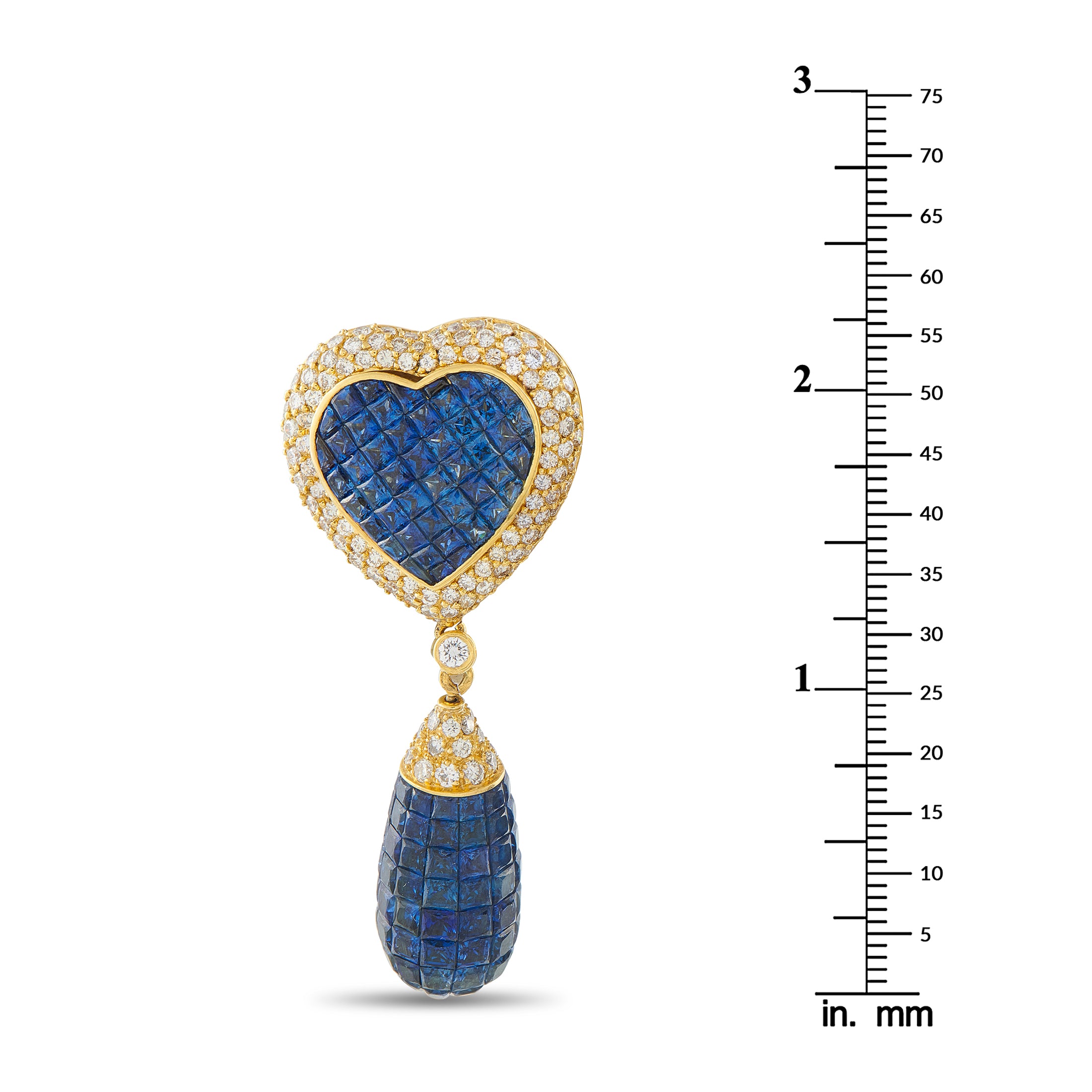 18K Yellow Gold 3.45ct Diamond and Sapphire Heart Earrings