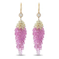 Gold drop earrings with diamond top and pink cluster teardrop fringe