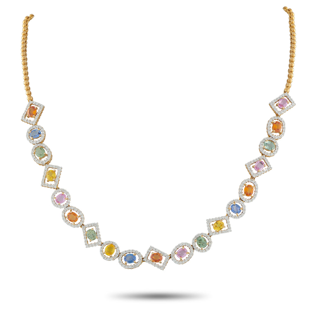Exclusive 18K Yellow Gold 2.50ct Diamond and Sapphire Necklace – Add a stunning pop of color to any ensemble with this captiv