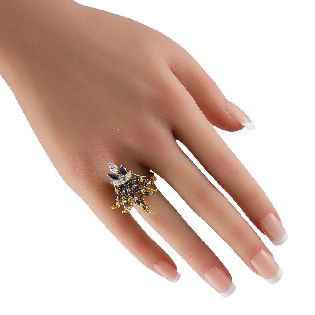 18K Yellow Gold 0.78ct Diamond and Sapphire Fleur de Lis Ring